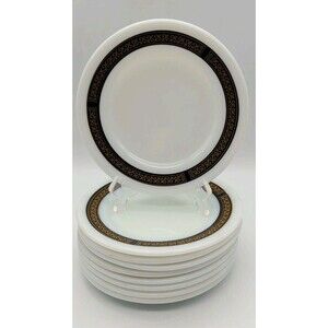 PYREX VTG 704-29 Tableware EBONY FLEUR DE LIS 6" Bread Set Of 8 Plates Gold